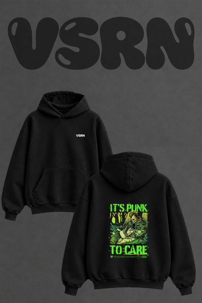VSRN Punk Skull Design Back Printed Oversize Black Hooded Sweatshirt