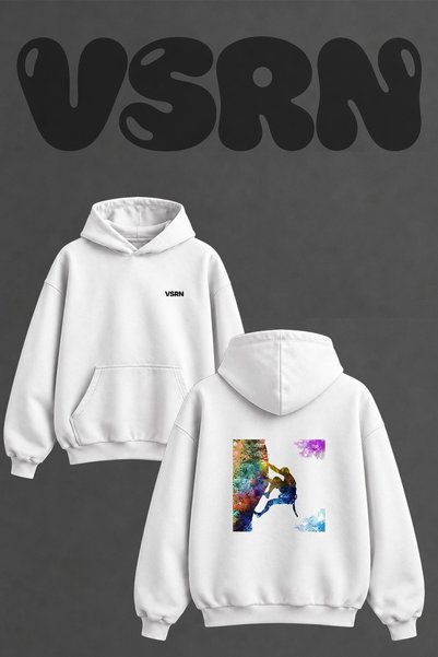 VSRN Kaya Tirmanisi_4 Design Back Printed Oversize White Hooded Sweatshirt