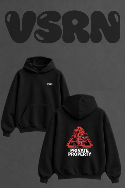 VSRN Thorned Heart Design Back Printed Oversize Black Hooded Sweatshirt
