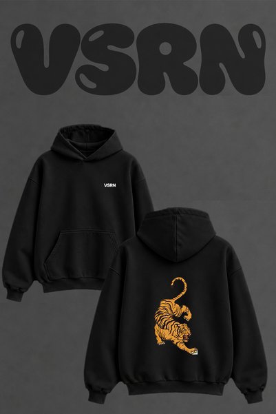 VSRN Japanese Tiger Design Back Printed Oversize Black Hooded Sweatshirt