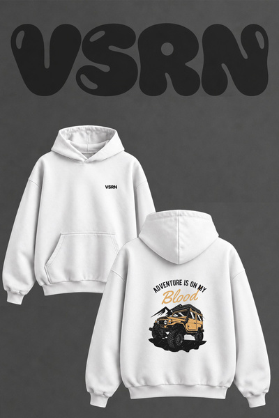 VSRN 4X4 Adventure Design Back Printed Oversize White Hooded Sweatshirt