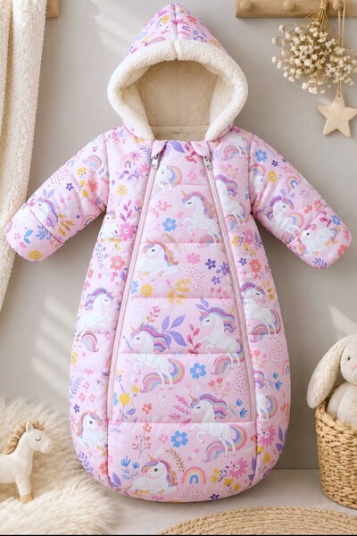 DeKuBaby Yeni Sezon Unicorn Desenli İçi Welsoft Kürklü Yeni Doğan Bebek Kundak - Tulum Mont
