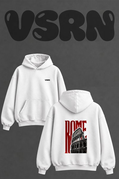 VSRN Colosseum Rome Design Back Printed Oversize White Hooded Sweatshirt