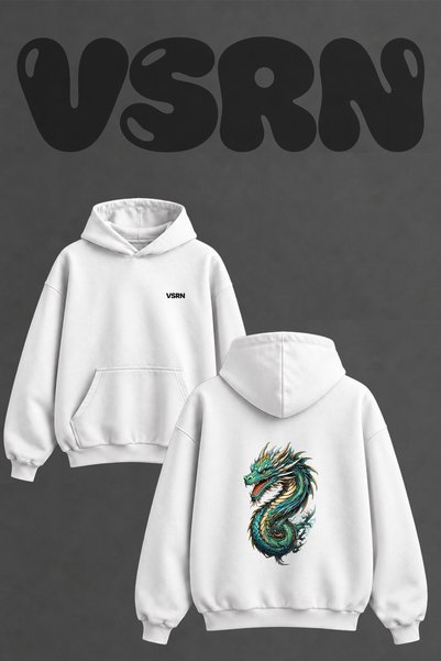 VSRN Asian Green Dragon Design Back Printed Oversize White Hooded Sweatshirt