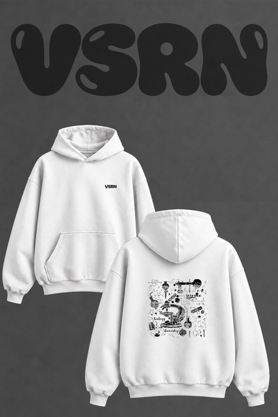 VSRN Laboratory Equipment Design Back Printed Oversize White Hooded Sweatshirt