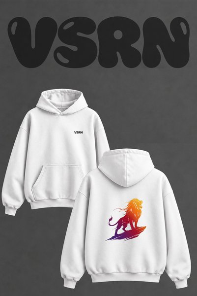 VSRN Roaring Lion Silhouette Design Back Print Oversize White Hooded Sweatshirt