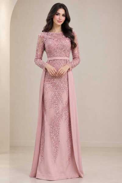 Barly Luxury Embroidery Flowers Pink Long Evening Dress