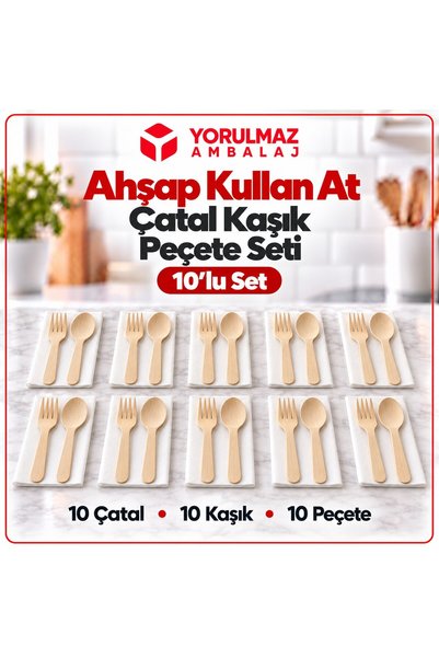 yorulmaz ambalaj Tekli Paketli Ahşap Çatal Kaşık Peçete 3'lü Set 10'lu | Doğal Ve Pratik Sofra Seti