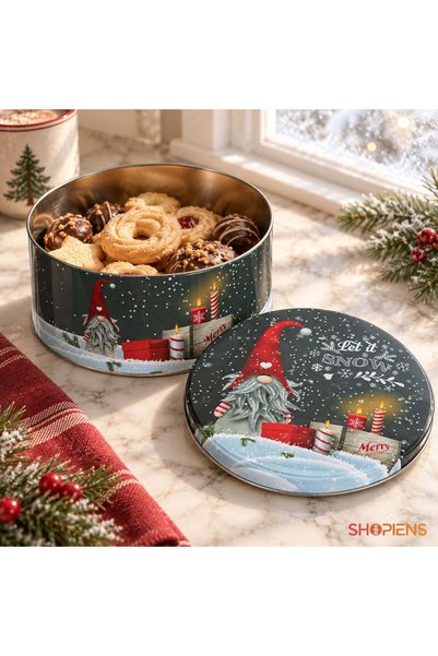 SHOPIENS Cutie Metalica De Craciun Gri Rotunda Cu Gnom Si Peisaj De Iarna