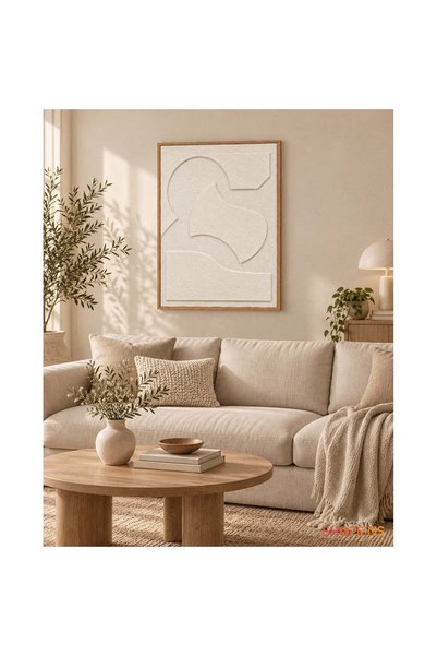 SHOPIENS Tablou Abstract Cu Cercuri In Relief Crem Si Bej Rama Natur 42x52 cm...