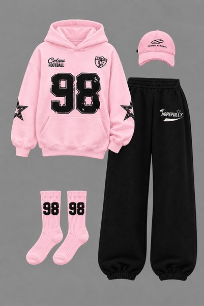 HAI COLLECTİON Unisex Pembe Oversize 98 Baskılı Kapüşonlu Sweatshirt Jogger A...