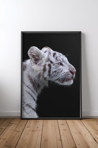 KEYFHOME Tablou MDF cu cadru negru White Tiger Baby, poster, decor de perete ...