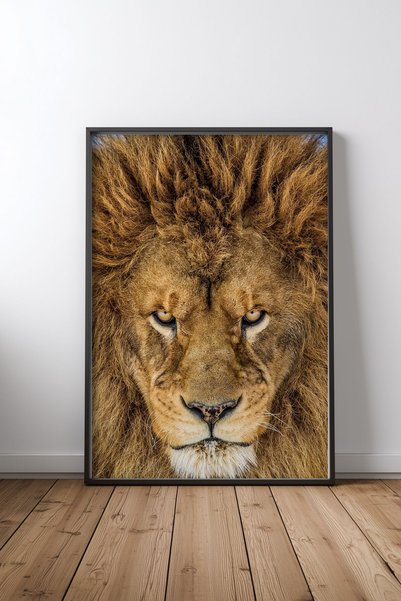 KEYFHOME Poster de pictură MDF cu cadru negru Serios Lion, cadou pentru decor...