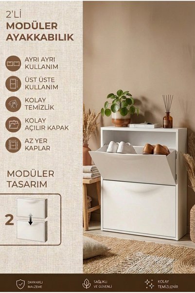 MİMOZA PARK 2’li Modüler Ayakkabılık 51x76x16 cm Dar Alan Uyumlu Kapaklı Ayak...