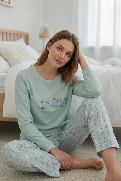 Relax Mode Kadın Yeşil %100 Pamuk Bisiklet Yaka Penye Pijama Takımı - 90797R