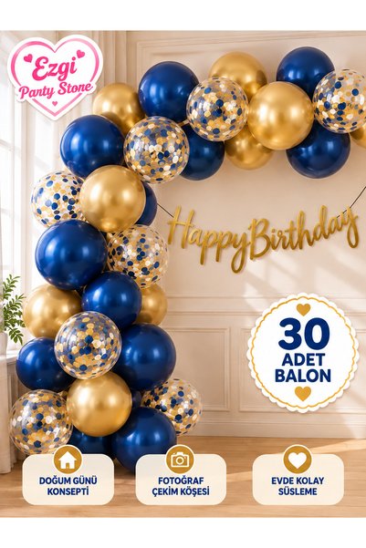 Ezgi Party Store Metalik Koyu Mavi Gold Şeffaf Balon Zincir Seti Happy Birthd...