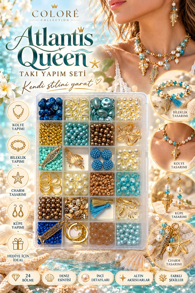 By MO Accessories Atlantis Queen 24 Bölmeli Takı Yapma Seti – Deniz Temalı İn...