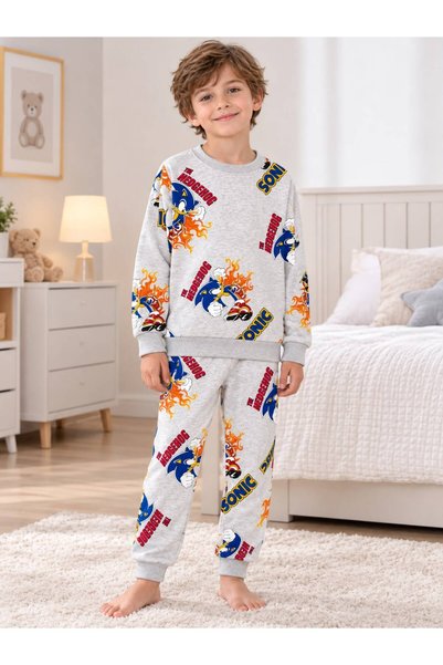 Mirket Çocuk Boy's Cotton Fabric Gray Color Hedgehog Patterned Long Sleeve Ho...