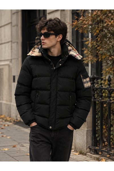 nomely Unisex Siyah Premium Şişme Mont Ekose Kapüşon Detaylı Fermuarlı Kışlık...