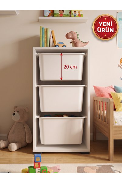decosense 3 Adet Büyük Boy Çekmeceli 86 cm Beyaz Çocuk Odası Oyuncak Dolabı v...