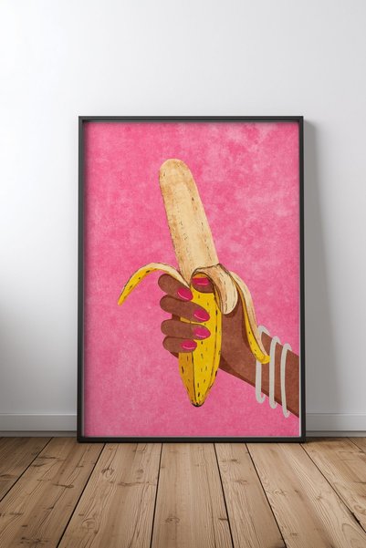 KEYFHOME Poster de pictură MDF cu cadru negru banană, cadou decorativ de pere...