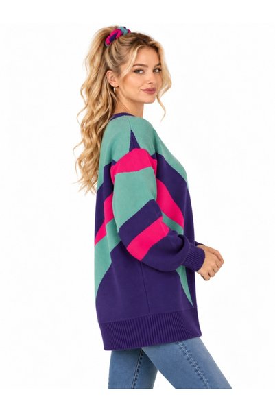 ModaAzen Turquoise Green Lilac Green Knitwear Eighties Sweater