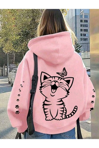 Ryam Mooda Women's Oversize 3 Thread Cat Printed Hooded Sweatshirt with Sleeve Detail