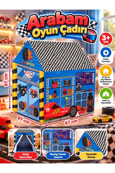 SAZE Arabam Oyun Çadırı Yarış Arabalı Garaj Temalı Çocuk Oyun Evi 97x97x67 cm...
