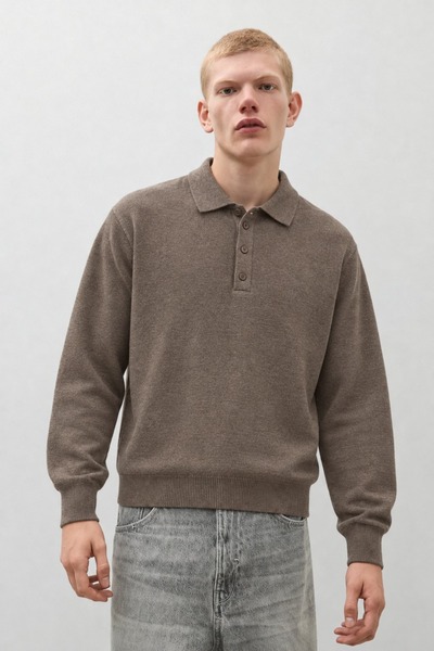 DAMGA JEANS Men's Polo Collar Buttoned Long Sleeve Brown Sweater