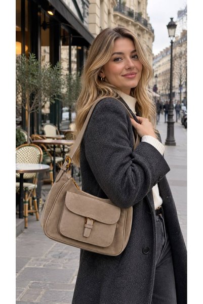 BALIENTE Beige Suede Look Covered Crossbody Bag 29X20 cm