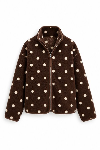 MAGARDE Premium Puanty Patterned Zippered Fleece Cardigan - Brown-Ecru