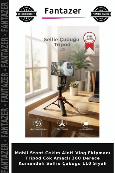 Fantazer Mobil Stant Çekim Aleti Vlog Ekipmanı Tripod Çok Amaçlı 360 Derece Kumandalı Selfie Çubuğu L10 Siyah
