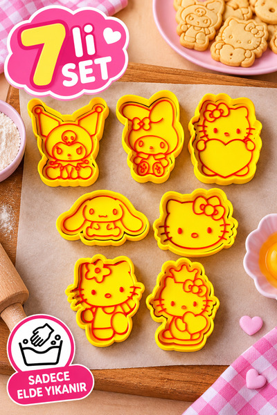 UstaPrint3D Hello Kitty Kuromi My Melody Cinnamoroll ve Arkadaşları 7'li Kurabiye Kalıbı Seti