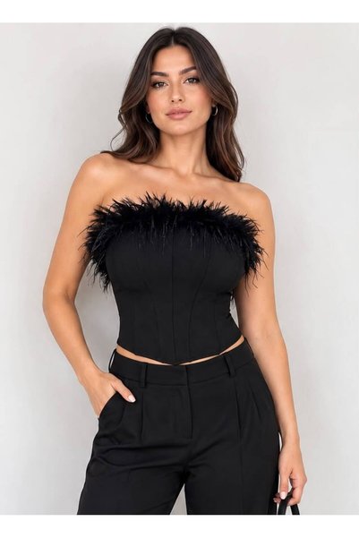 Genel Markalar betty shop Tüy detaylı Balenli Straplez Şık Büstiyer Bluz