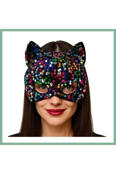 BŞK VİRGO Colorful Sequined Party Mask on Black Velvet Fabric 16X14 cm Bsk2026