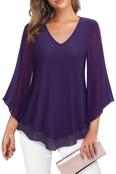 GENERAL Lotusmile Womens Dressy Blouse Double Layers Mesh Shirt Ruffle 3/4 Fl...