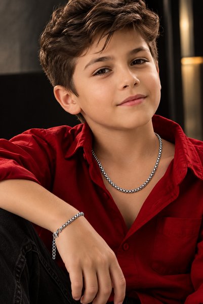 FARYADA Boy's Silver Color Knitted Model 2-Piece Steel Necklace Bracelet Set - Non-Tarnish, Stainless, Allergy-Free, Gift for Birthday, Special Day Gift, Set of 2 Steel in Special Box
