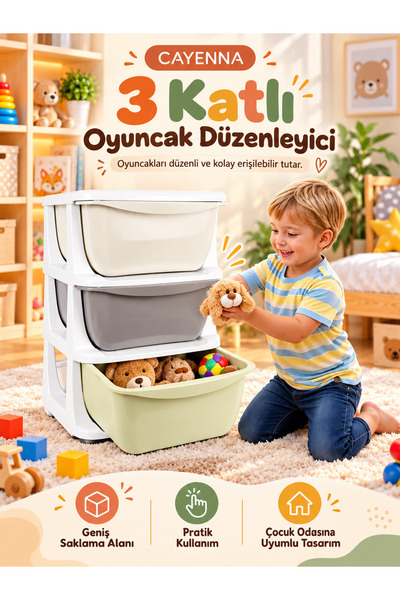 cayenna 3 Katlı Çekmeceli Çocuk Oyuncak Düzenleyici Saklama Dolabı Organizer ...