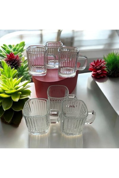 xesha 6 Pcs. Cornered Glass Mug Cup Striped Very Stylish Model