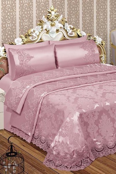 Bonny Home Hürrem Pink French Lace Chenille 6 Piece Dowry Pique Set Bedspread...