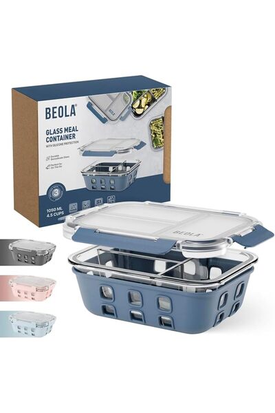BEOLA حاوية طعام زجاجية بثلاثة أقسام، صندوق غداء، مع غطاء محكم الإغلاق وحماية...