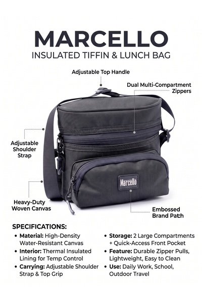 Marcello Tiffin Bag for Lunch Box | Insulated Lunch Bag for Men, Women and Kids | Portable Food Carrying Bag with Zipper Closure | Reusable Lunch Tote for Office, School, Work, Travel and Daily Use