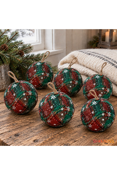 SHOPIENS Set 6 Globuri Tartan Cu Fulgi Albi 8 cm Shopiens®
