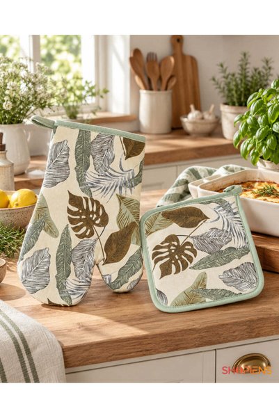 SHOPIENS Manusa Si Servet Bej Cu Frunze Tropicale Shopiens®