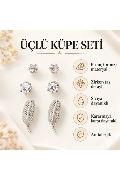 Üçlü VIP Tüy Figürlü Küpe Seti Silver