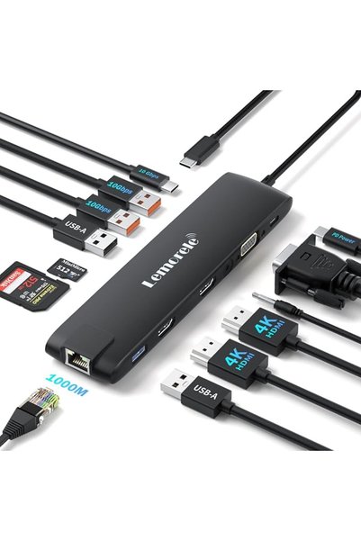 lemorele 10Gbps USB C Docking Station with Dual HDMI 4K30Hz,1080P VGA,RJ45