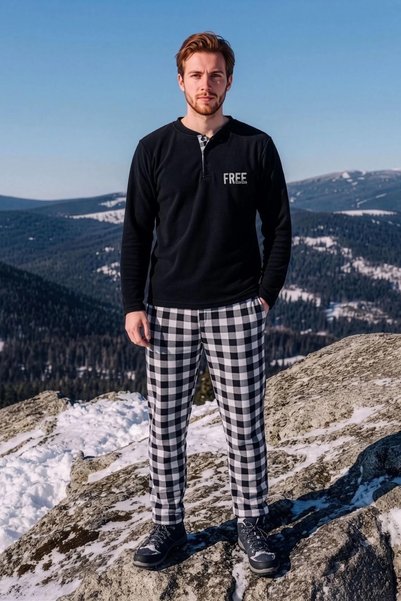MİRELLA Men's Black Free Embroidery Plaid and Square Patterned Long Sleeve Fl...