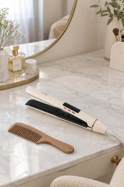 LAC Flat Wide Plate Hair Straightener, Cream White Rose Gold Flat Iron, Ergonomic Handle for Easy Operation