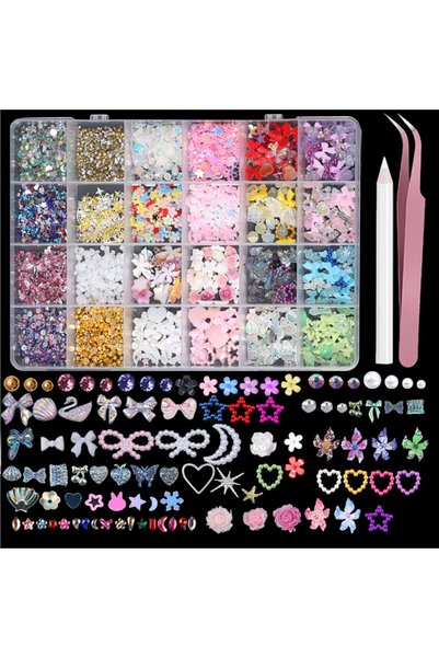 Choice Style B-1Box 24 Grid Nail Charms Kit AB Rhinestones Nail Pearls 3D Flo...