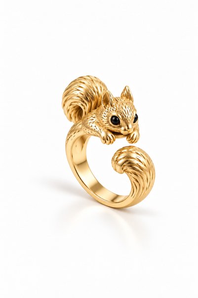 Coy Diamond 925 Ayar Gümüş Gold Sincap Figürlü Kadın Yüzük, Siyah Gözlü 3 Boyutlu Sevimli Sincap Tasarım, Hayvan Figürlü Zarif ve Şık Yüzük